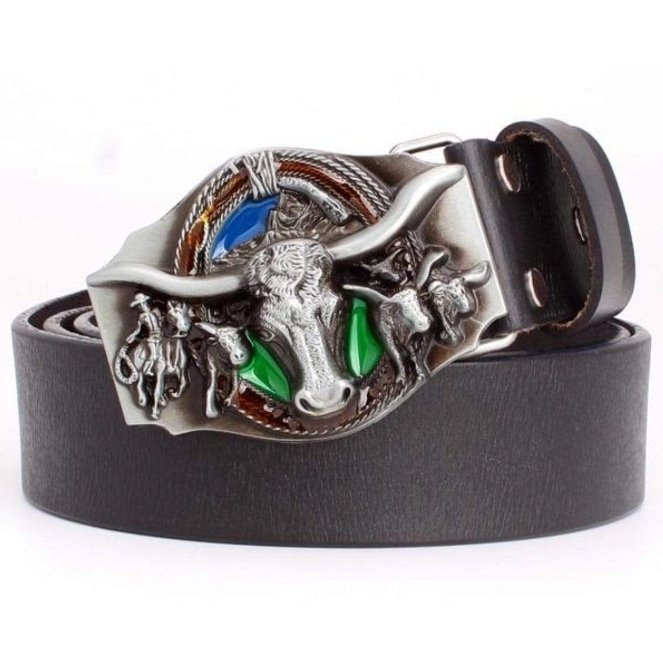 Black leather belt with large decorative buckle featuring a bull, cowboy, and rope.
