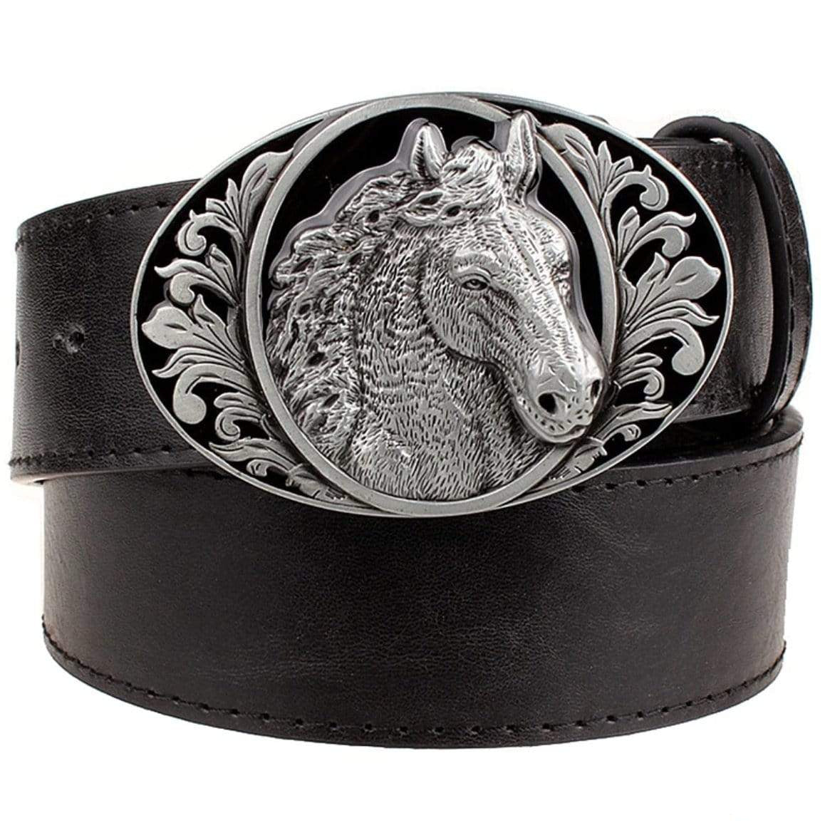 Black leather belt with silver horse head buckle.