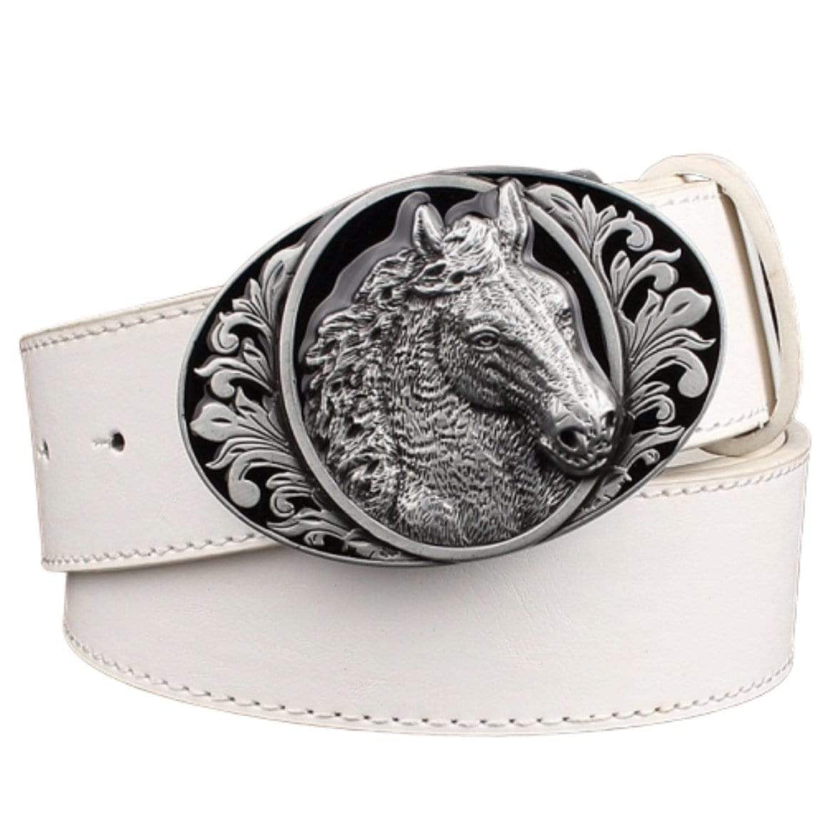 White belt with silver horse buckle.
