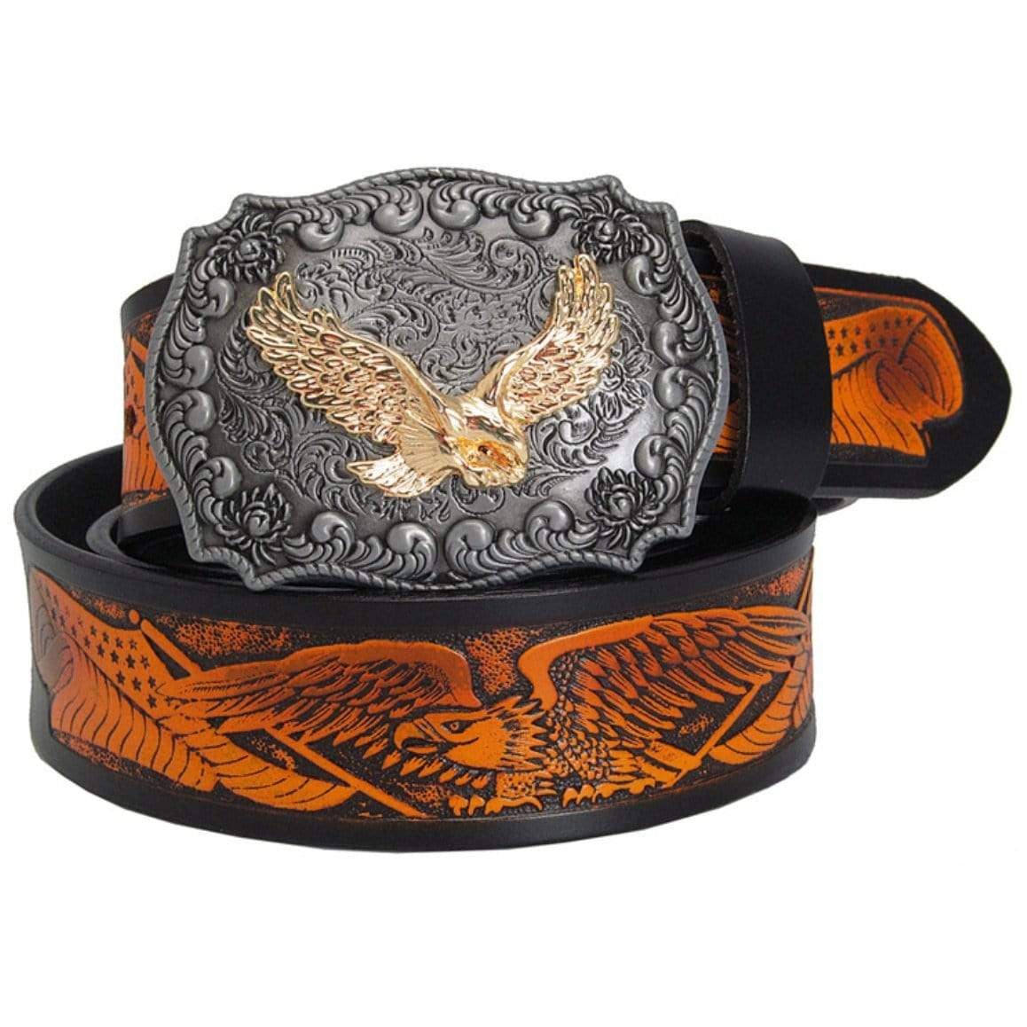 Black leather belt with embossed eagle design and ornate silver and gold eagle buckle.

