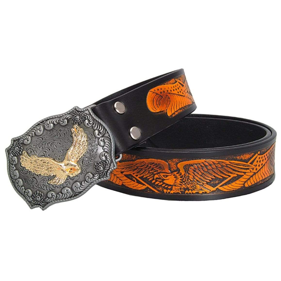 Black leather belt with an eagle design and a silver and gold buckle.
