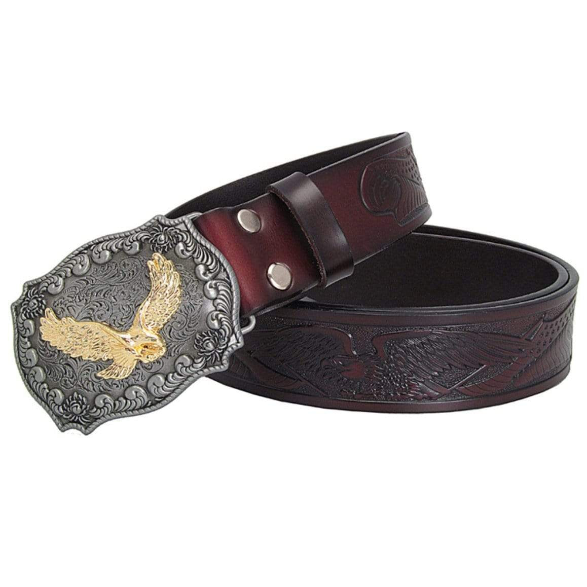 Brown leather belt with silver buckle and golden eagle.
