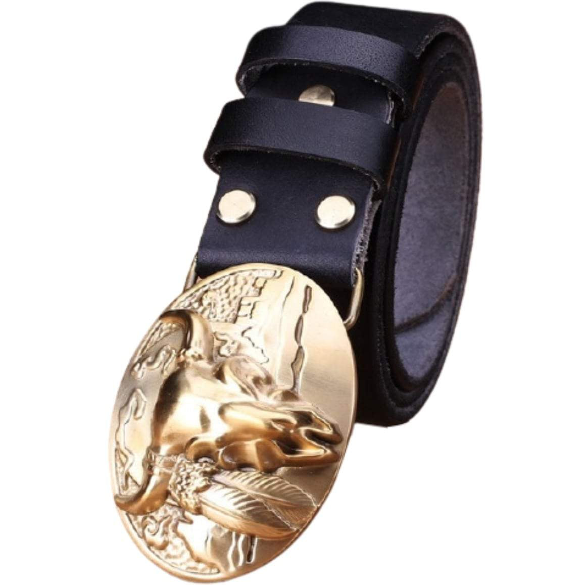 Black leather belt with a gold bull skull buckle.
