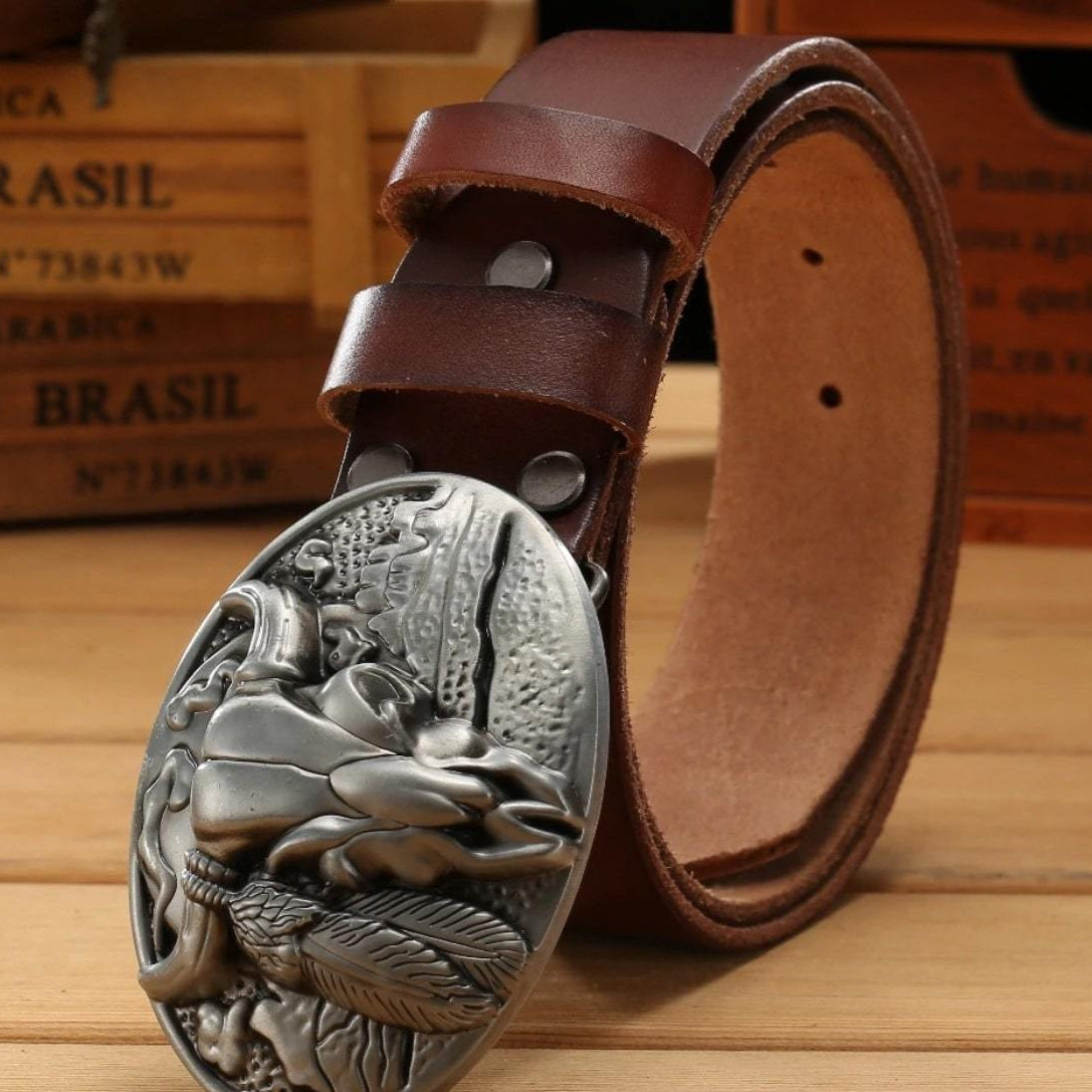 Brown leather belt with a silver oval buckle.