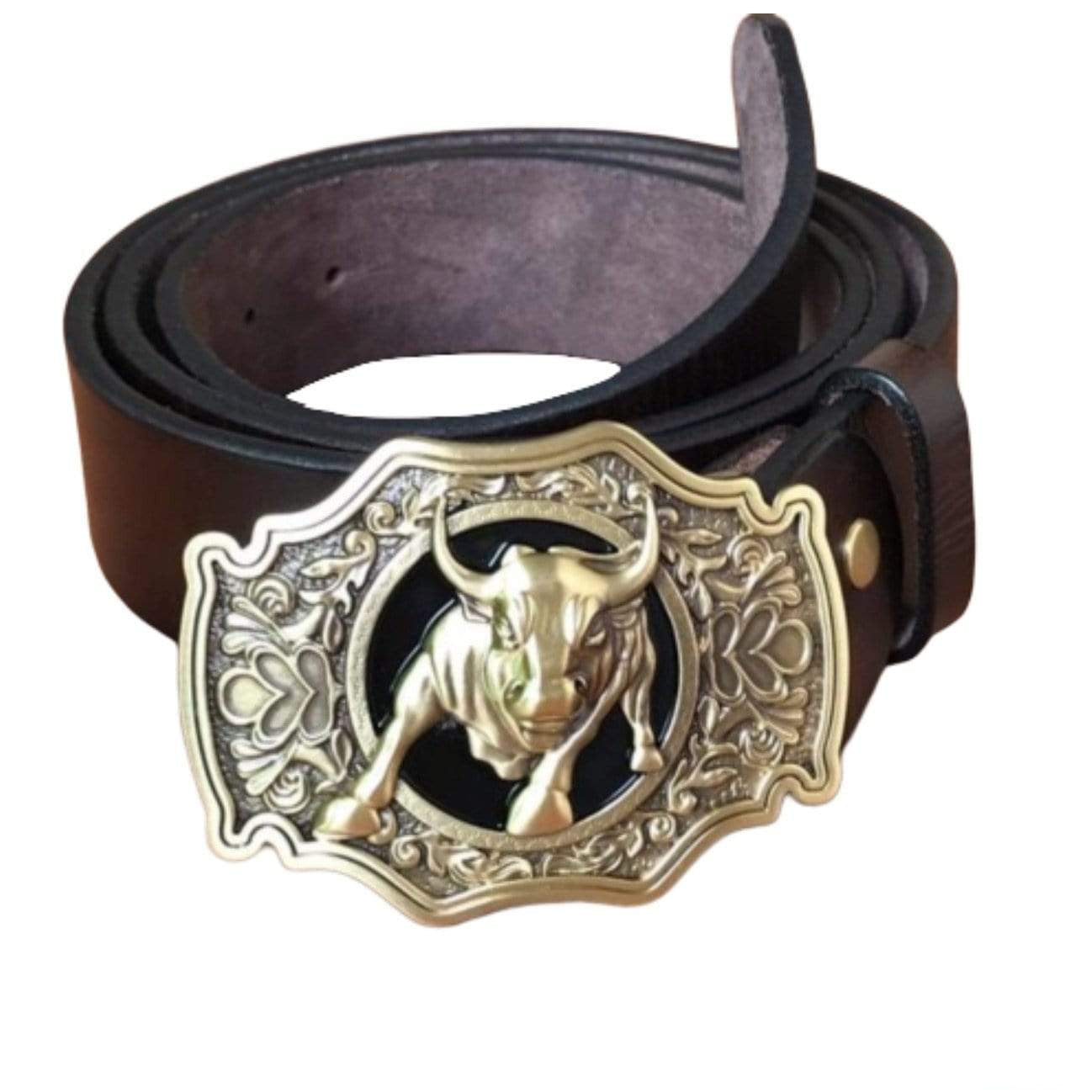 Brown leather belt with a gold bull buckle.

