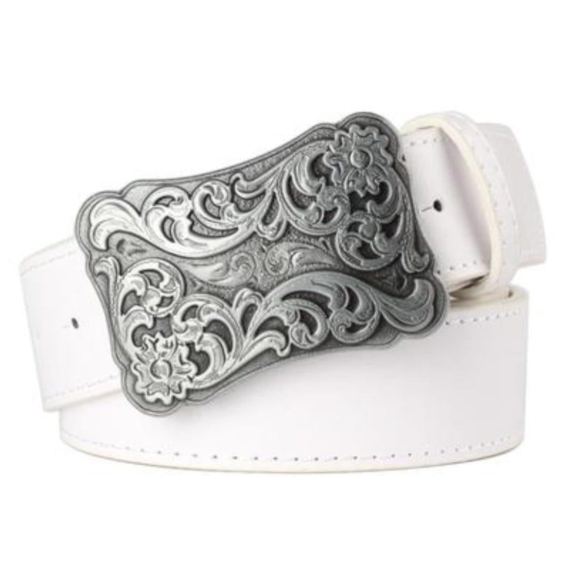 White leather belt with ornate silver buckle.