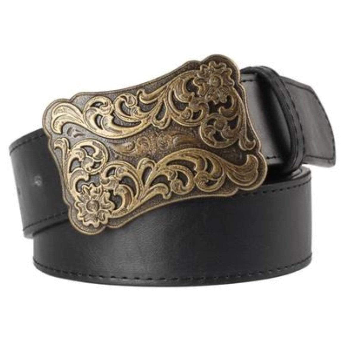 Close-up of a black leather belt with an ornate, antique-gold-colored metal buckle.
