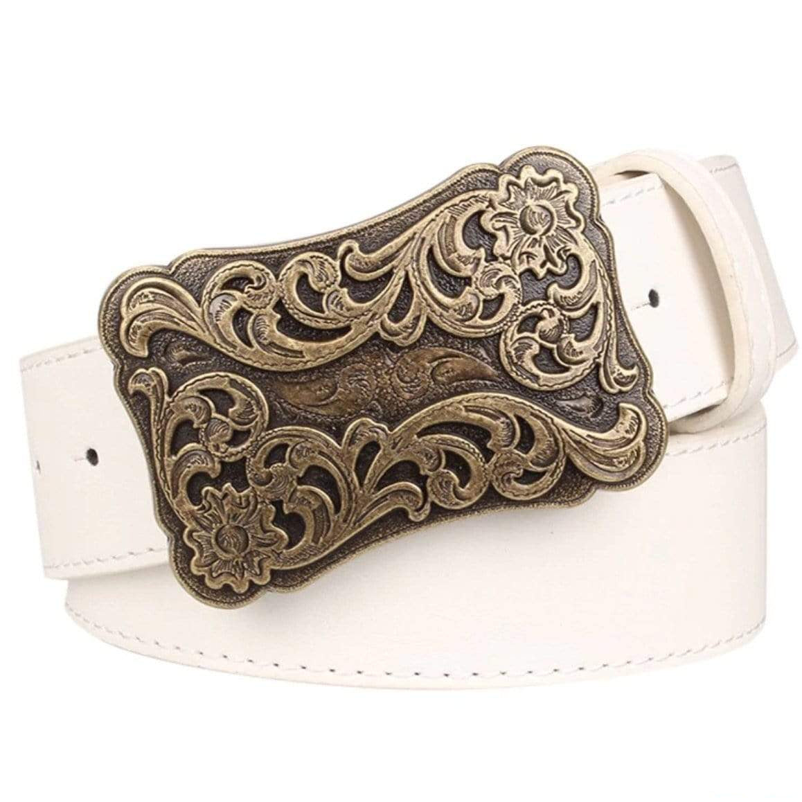 White belt with large, ornate, gold-colored buckle.