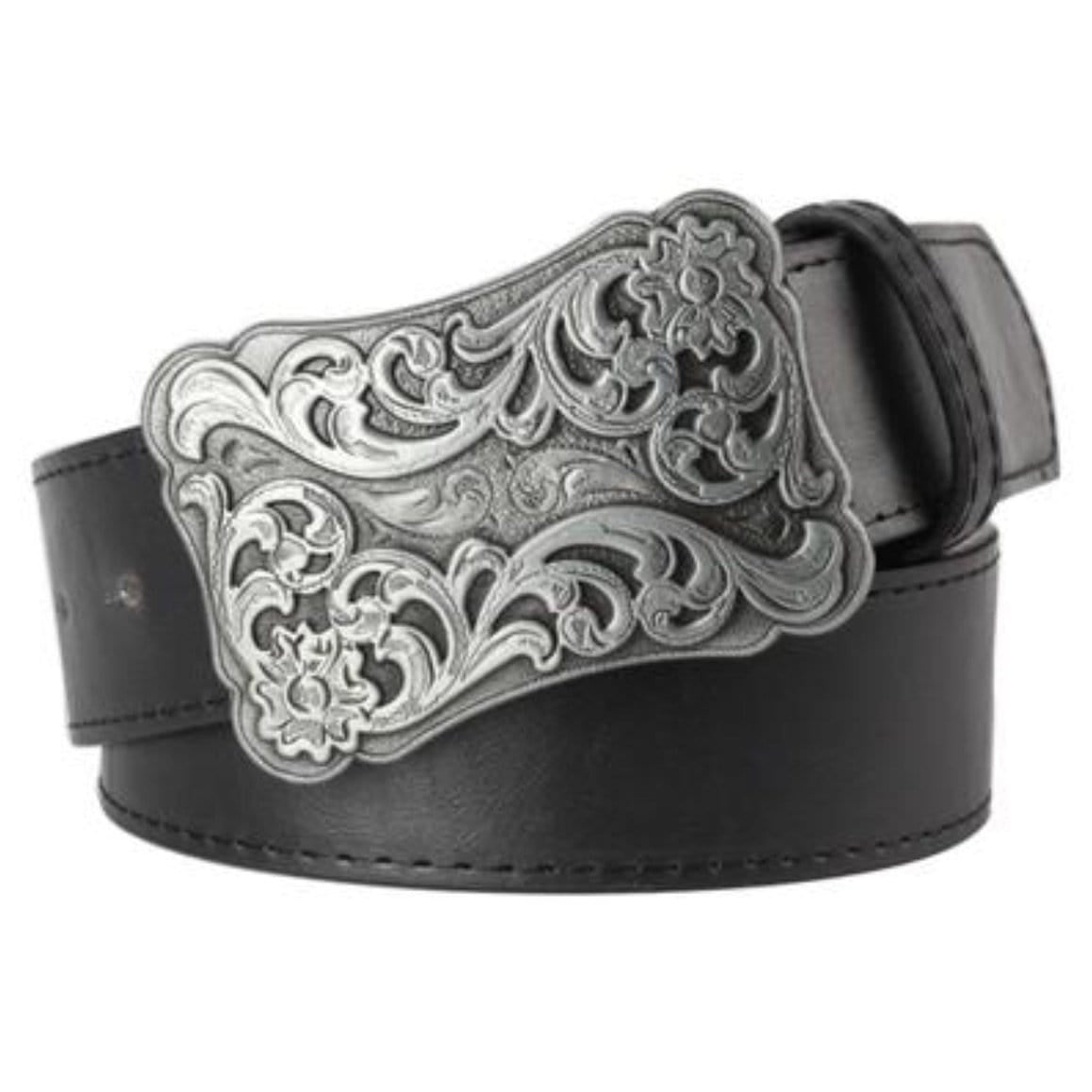 A black leather belt with an ornate silver buckle.