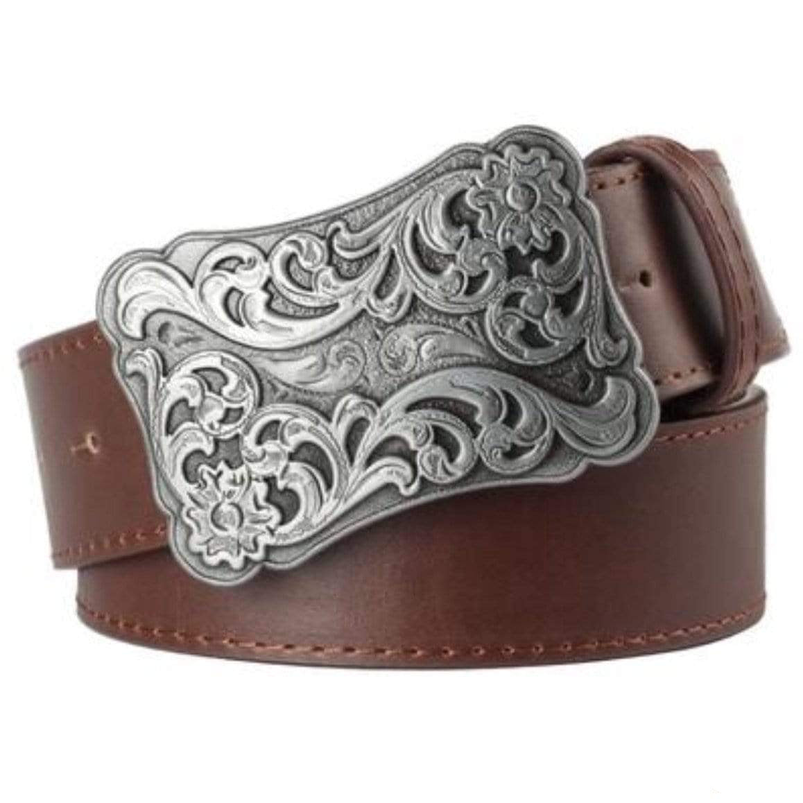 Brown leather belt with ornate silver buckle.