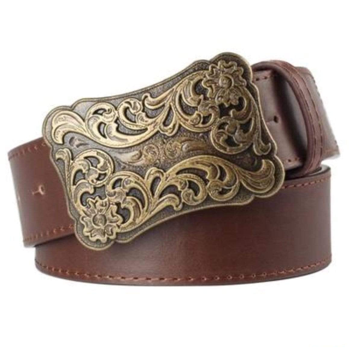 Brown leather belt with ornate gold buckle.