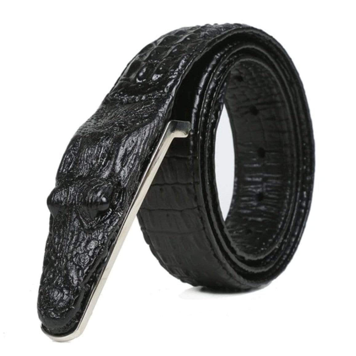 Black crocodile-style leather belt with silver buckle.
