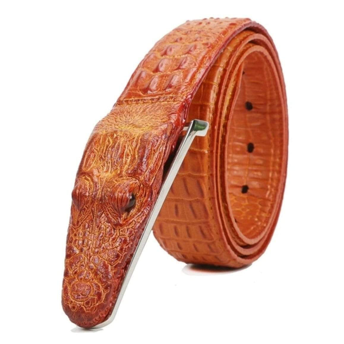 Orange crocodile belt with silver buckle.
