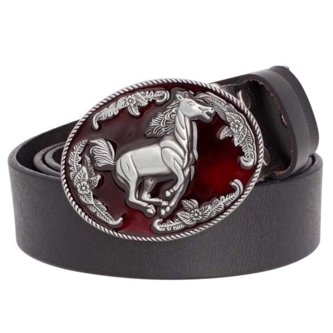 Black leather belt with red and silver horse buckle.
