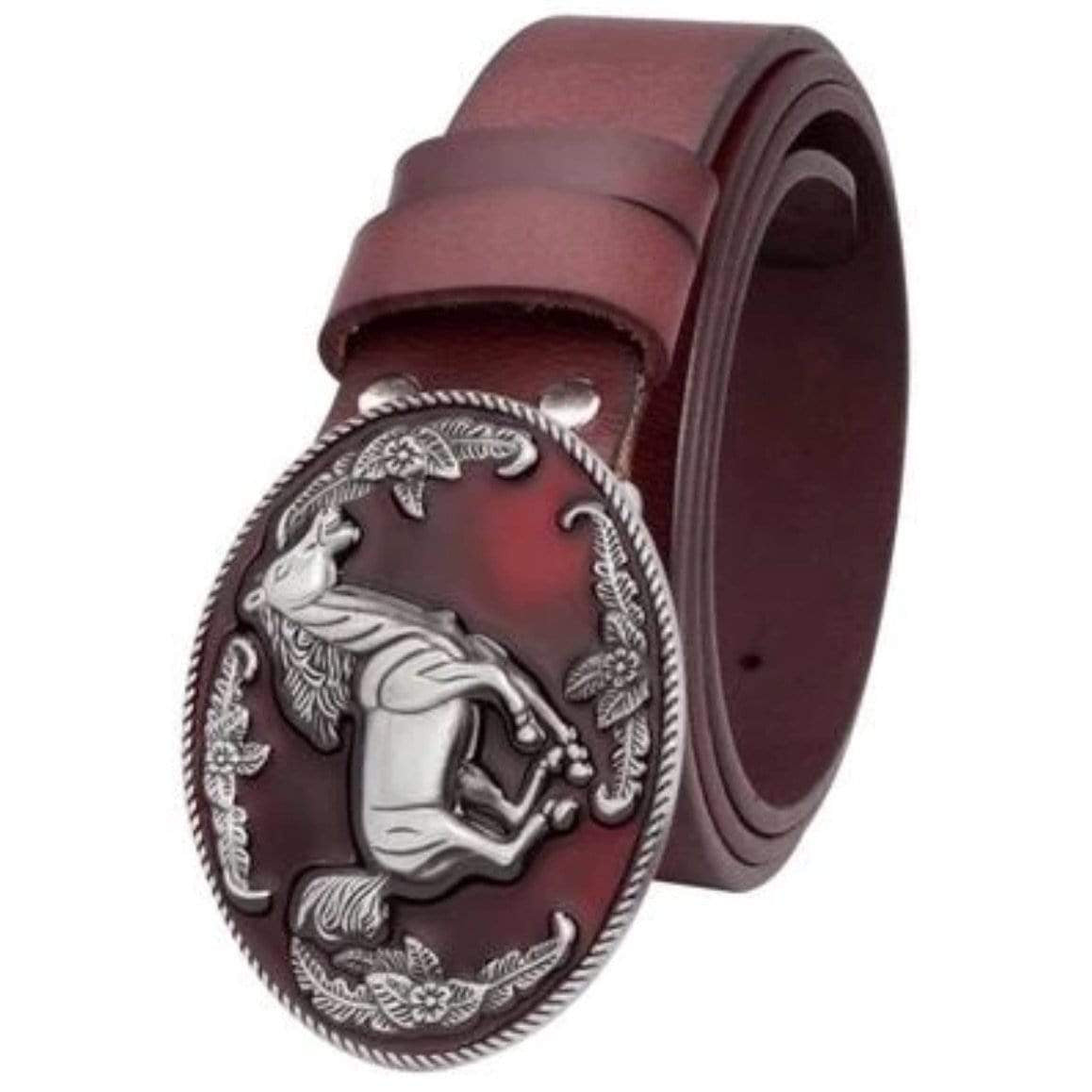 Maroon leather belt with silver horse buckle.
