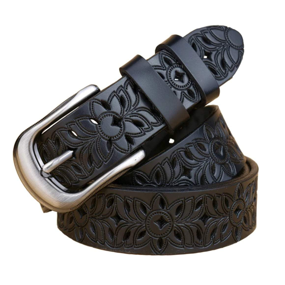 Black leather belt with floral cutouts and silver buckle.