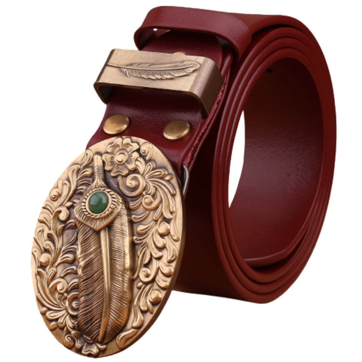 Maroon leather belt with an ornate gold-colored buckle.