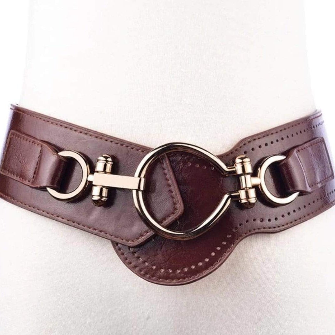 Brown leather waist belt with gold hardware.