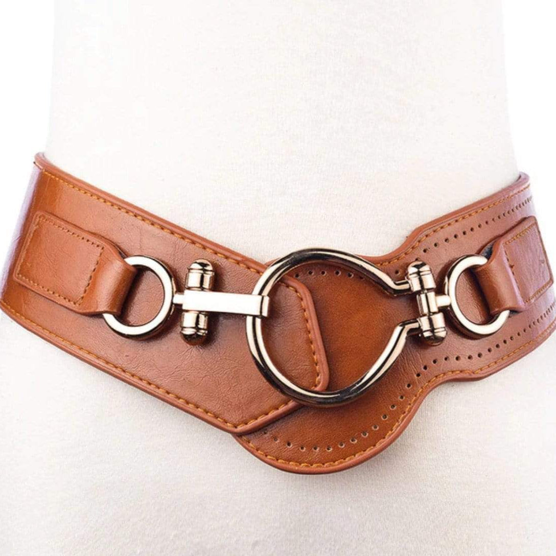 A brown leather belt with metal hardware.