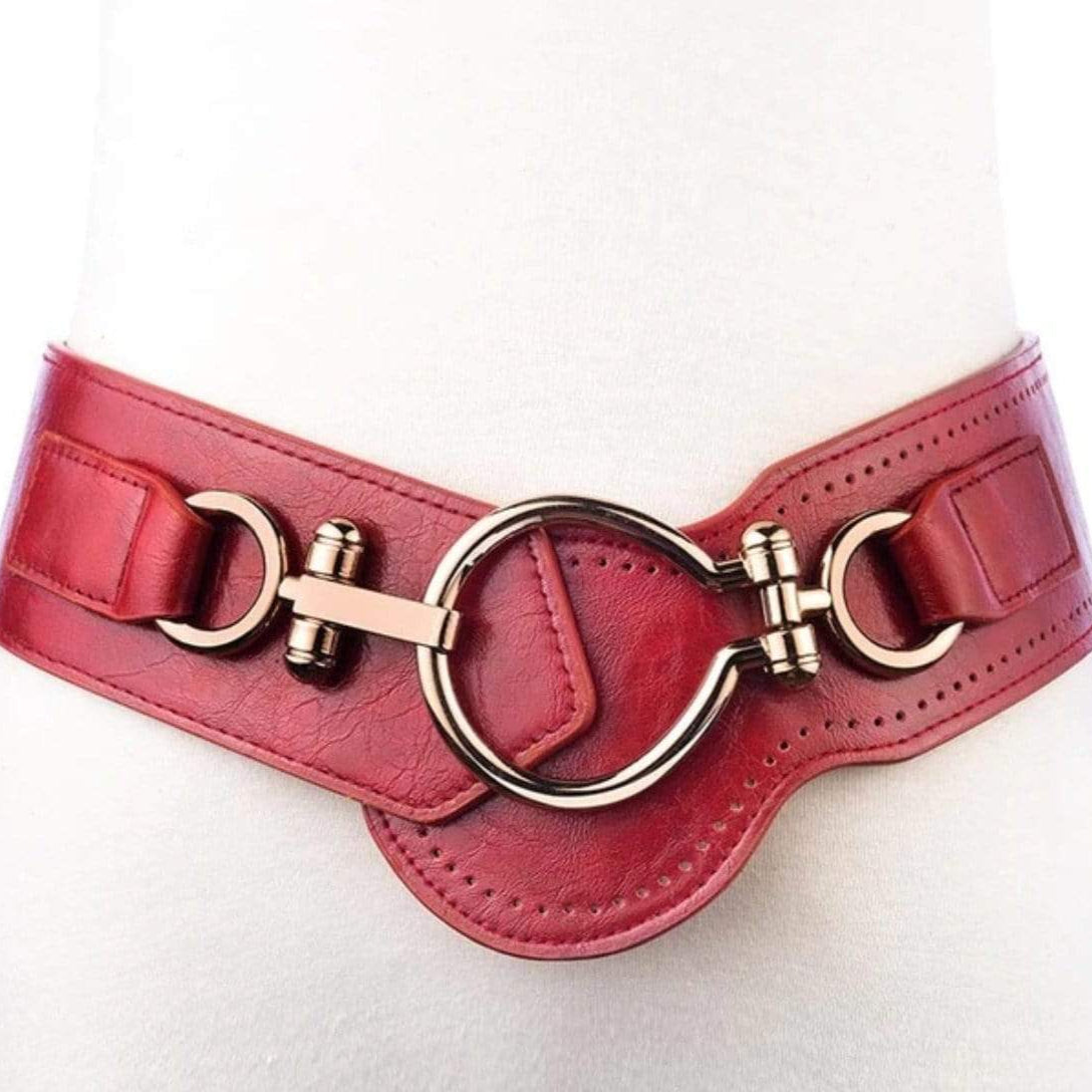 Red leather belt with gold buckle.