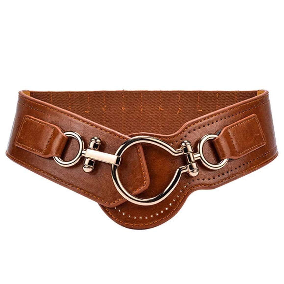 Brown leather waist belt with large gold buckle.
