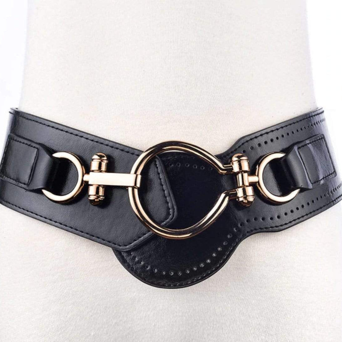 Black, faux leather belt with gold hardware.