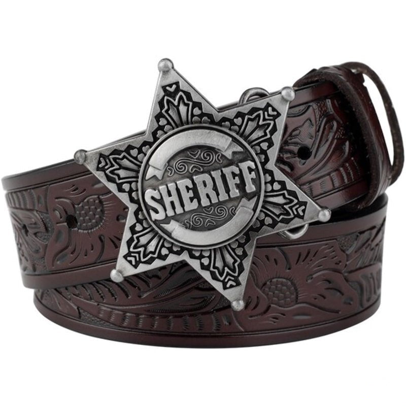 Embossed brown leather belt with Sheriff badge.
