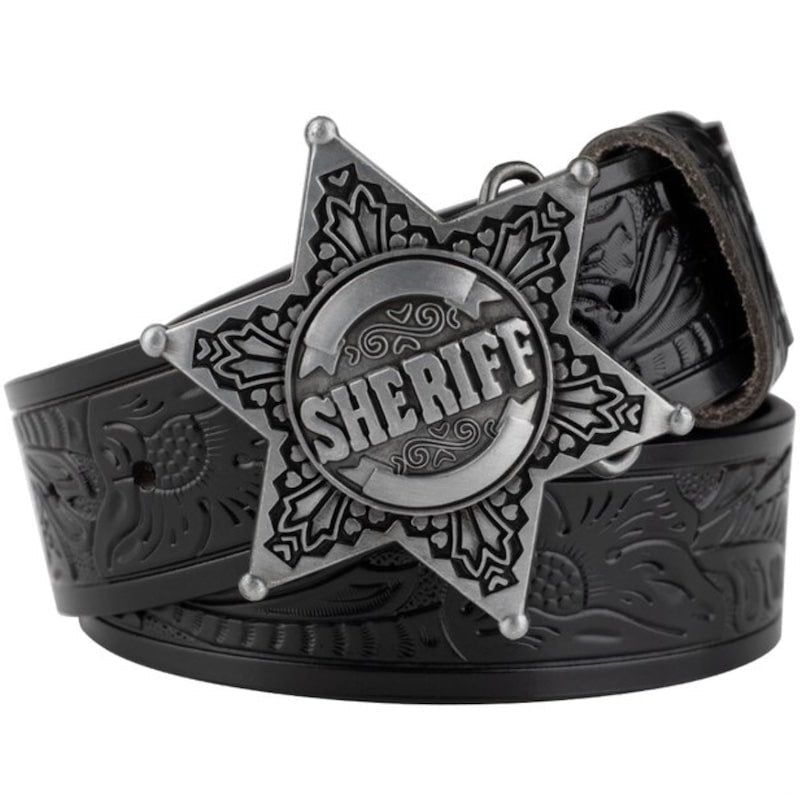 Black embossed leather sheriff belt with star badge.
