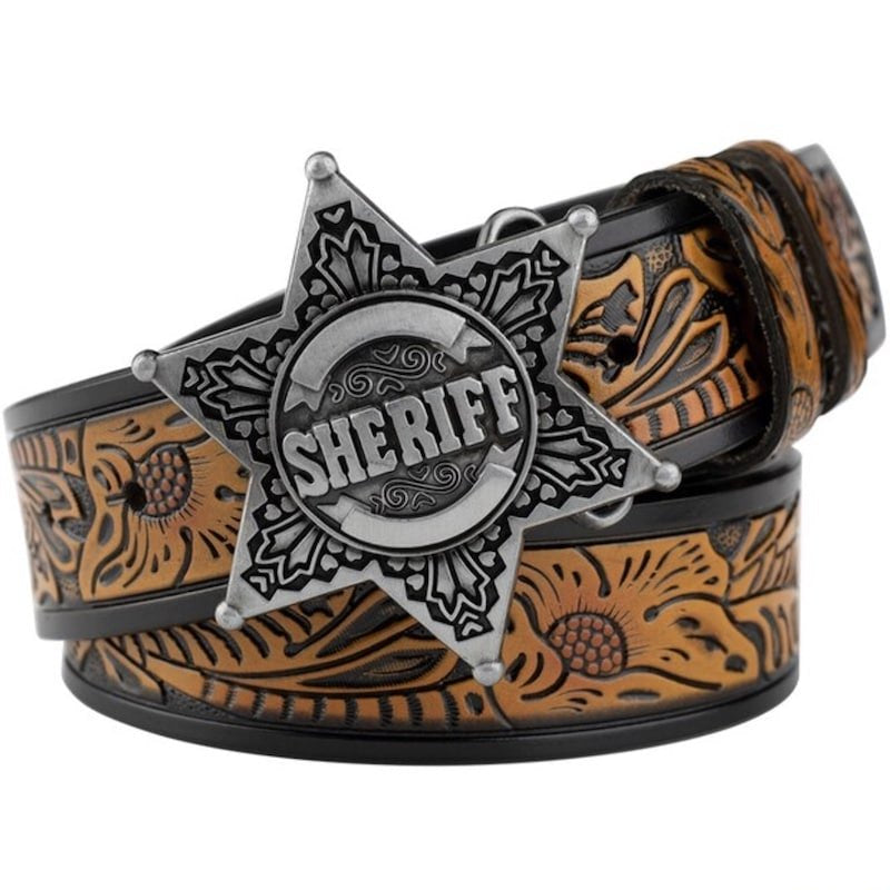 Embossed brown and black leather belt with large silver "Sheriff" badge.