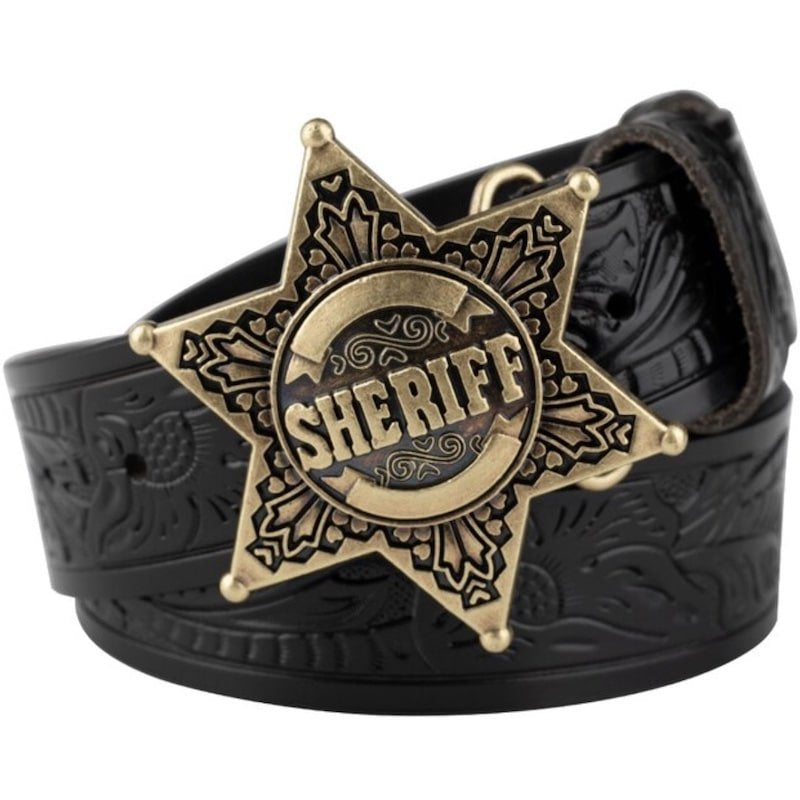 Black embossed leather belt with a gold sheriff badge.
