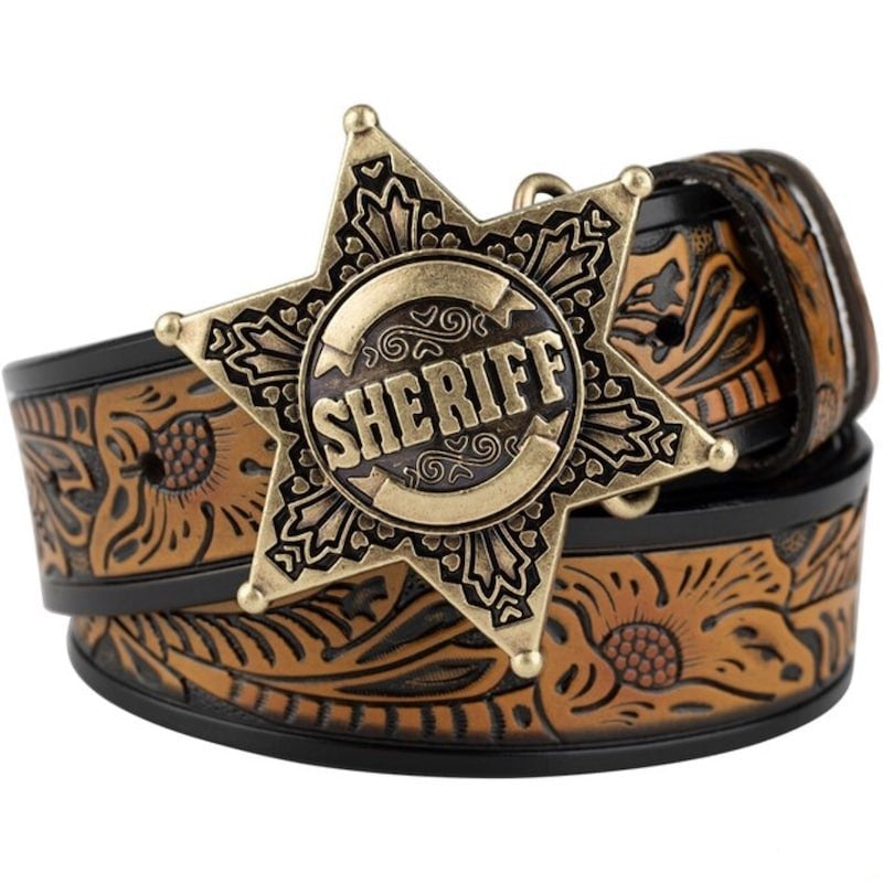 Brown leather belt with a sheriff badge.
