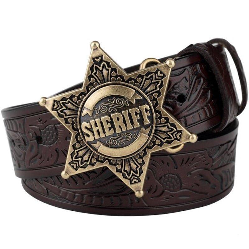 Brown leather belt with a sheriff badge.