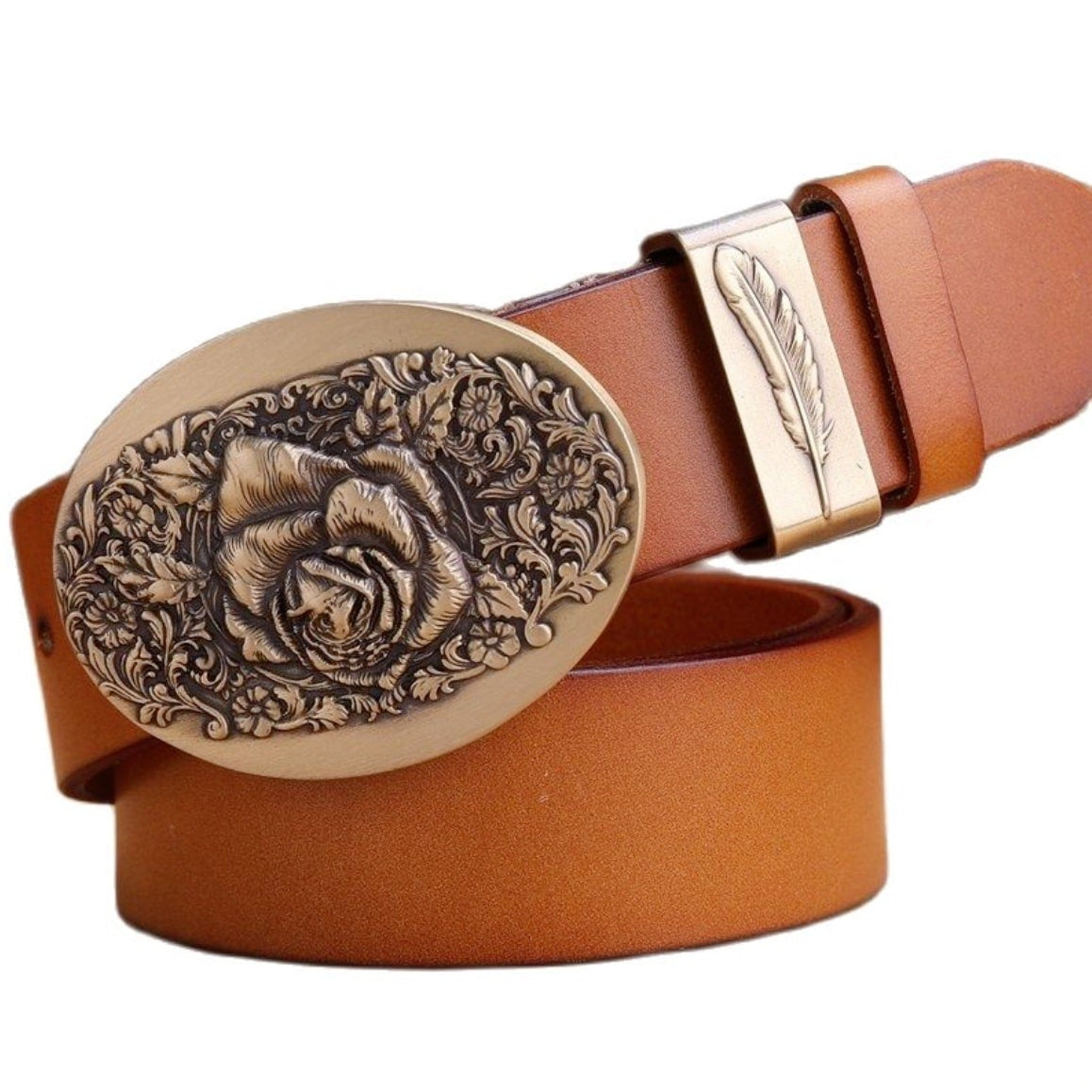 Brown leather belt with floral rose buckle and feather accent.
