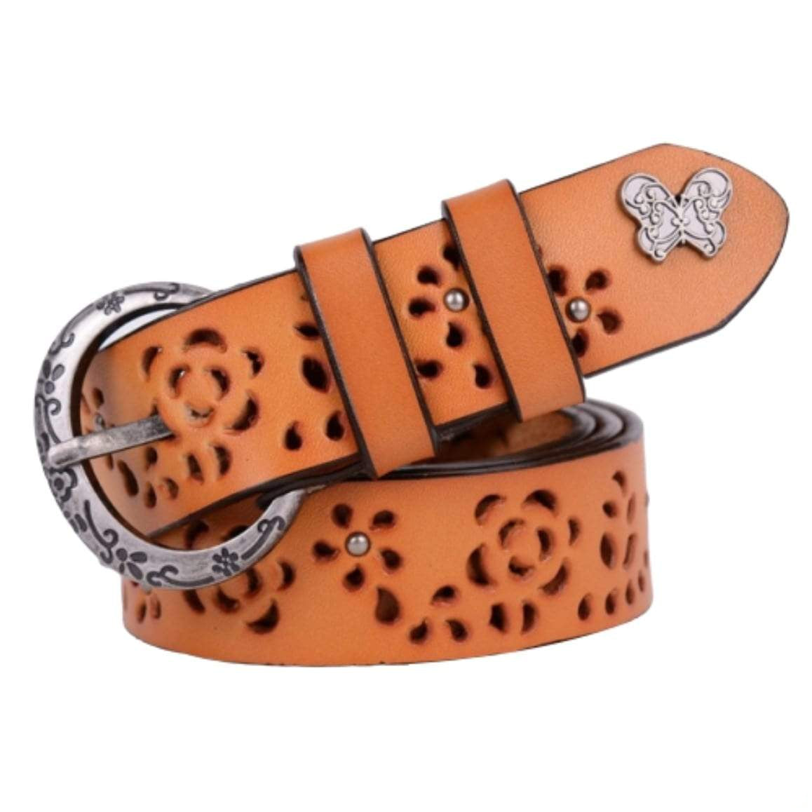 Tan leather belt with flower cutouts and a silver buckle.
