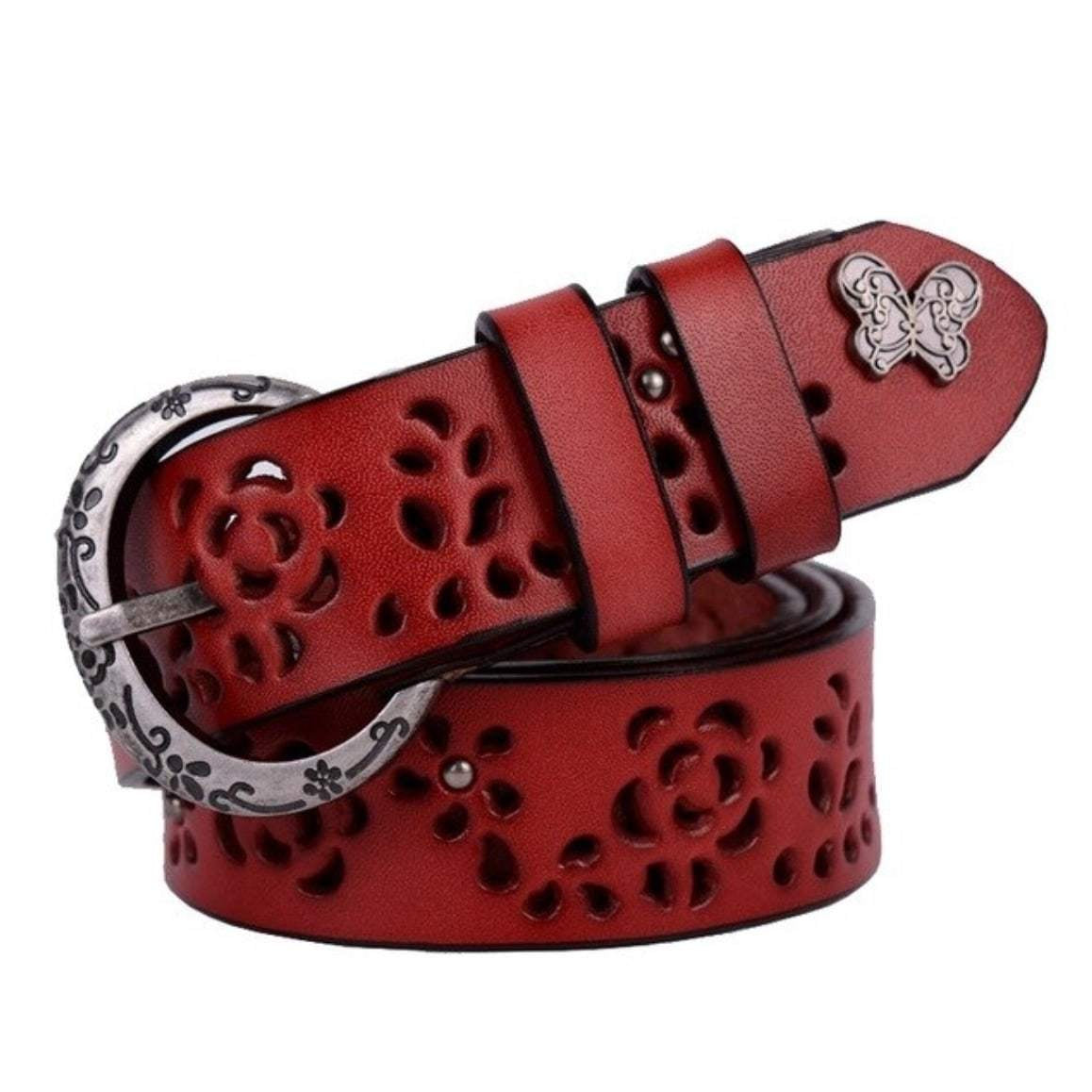 Red leather belt with flower cutouts and a silver buckle.