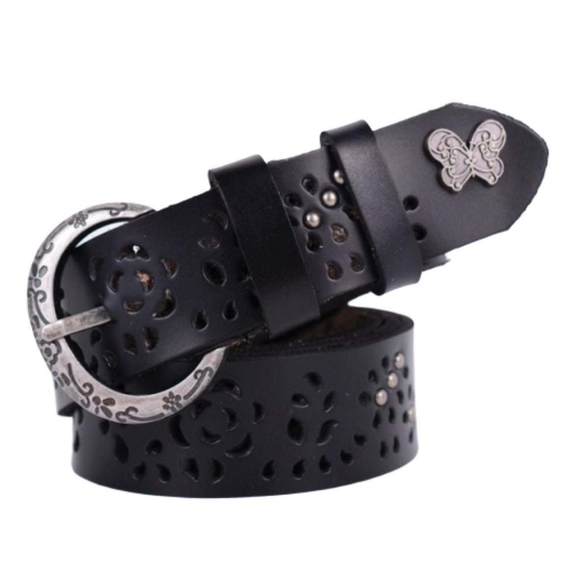 Black leather belt with floral cutouts and decorative silver buckle.