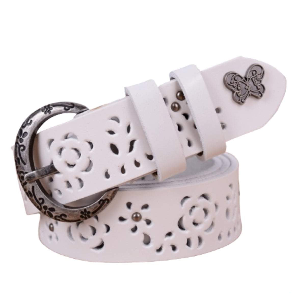 White flower-cut leather belt with silver buckle and butterfly accent.
