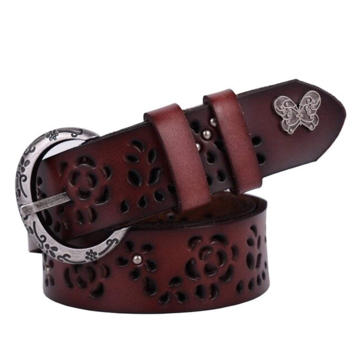 Dark red leather belt with floral cutouts and decorative metal buckle.