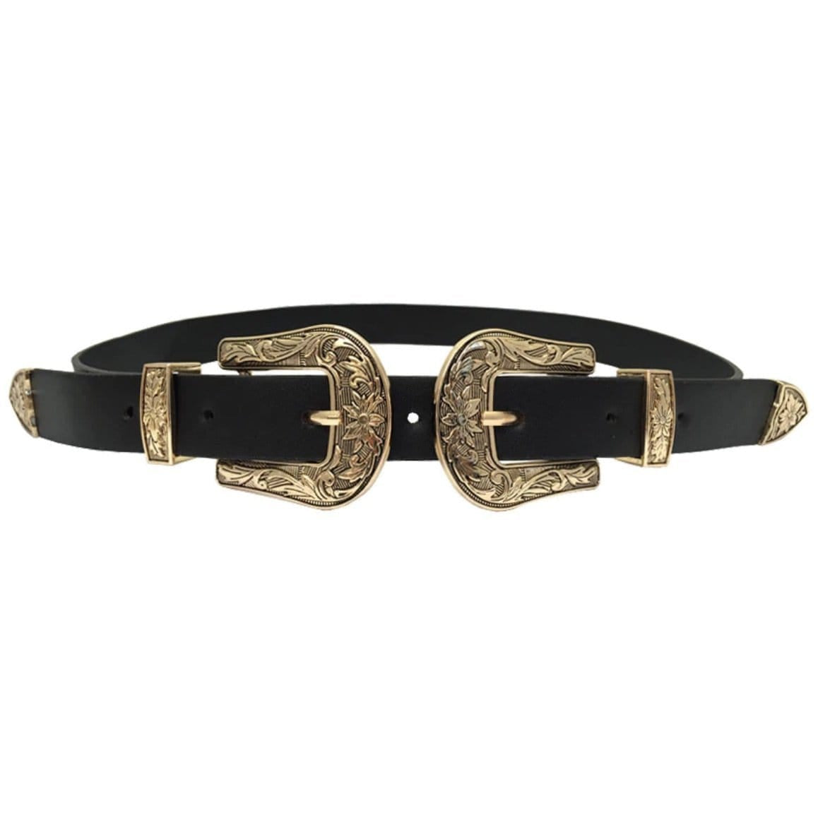 Black leather belt with two ornate gold buckles.
