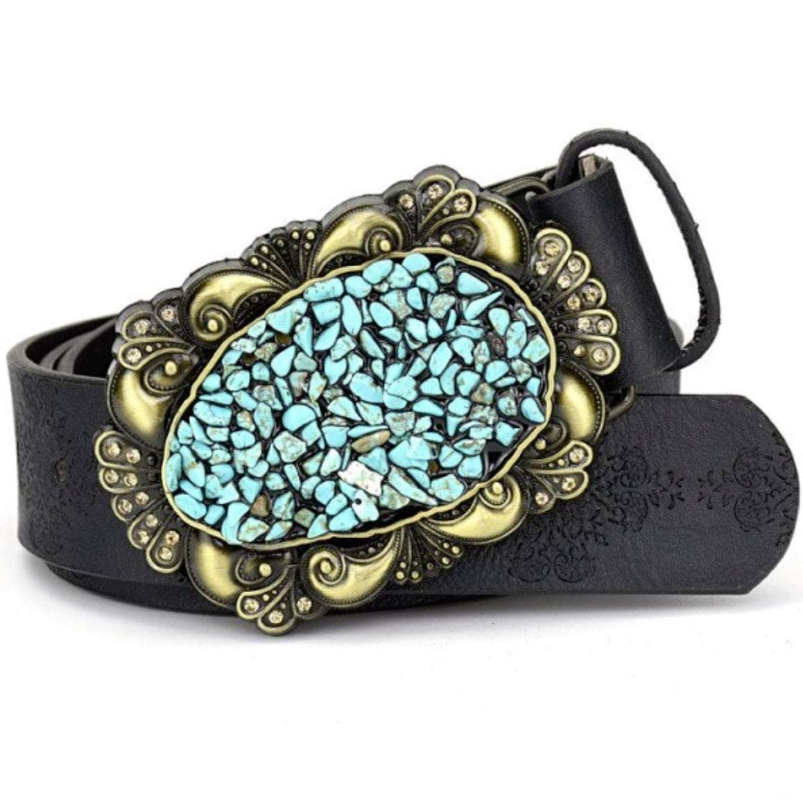 Black leather belt with turquoise stone buckle.
