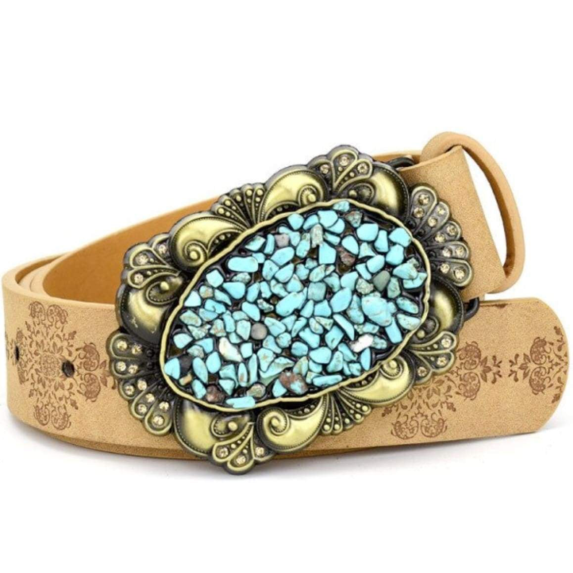 Tan leather belt with a large turquoise and gold buckle.