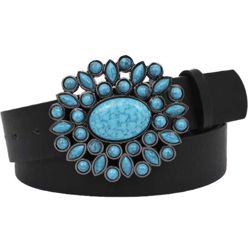 Black belt with turquoise and metal buckle.