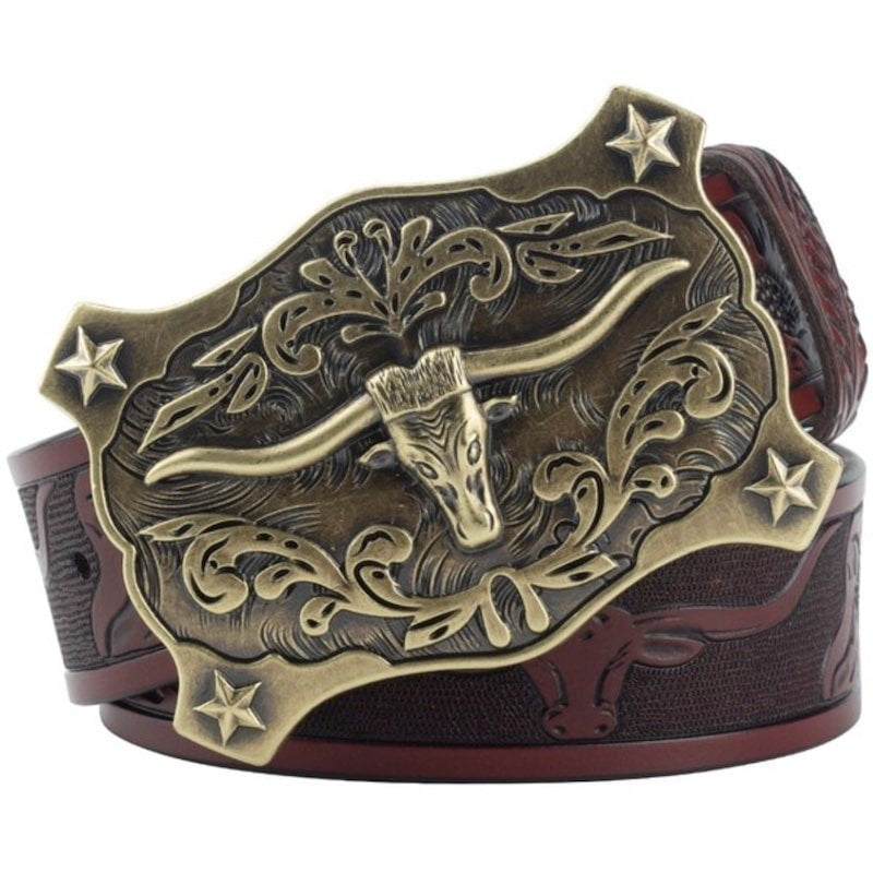 Leather belt with an ornate bull buckle.