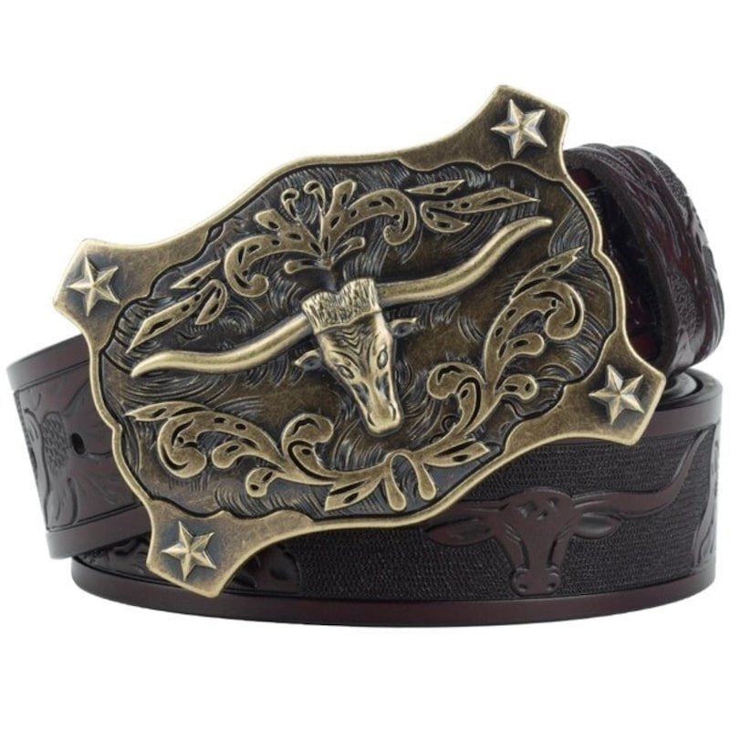 Brown leather belt with large, ornate, bronze bull belt buckle.