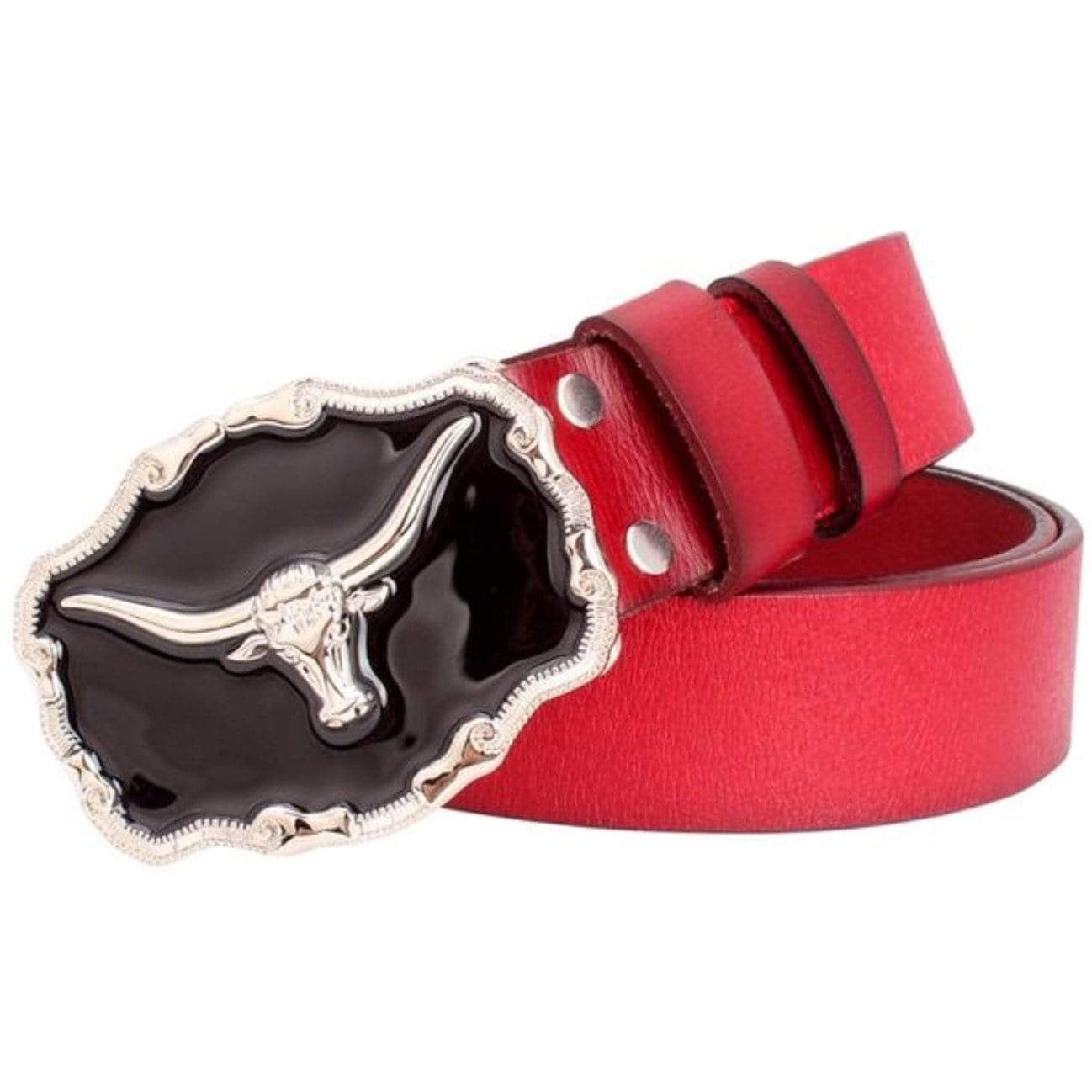 Red leather belt with bull buckle.