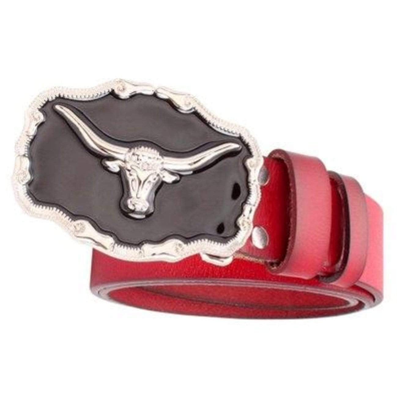 Red leather belt with a decorative silver and black longhorn buckle.
