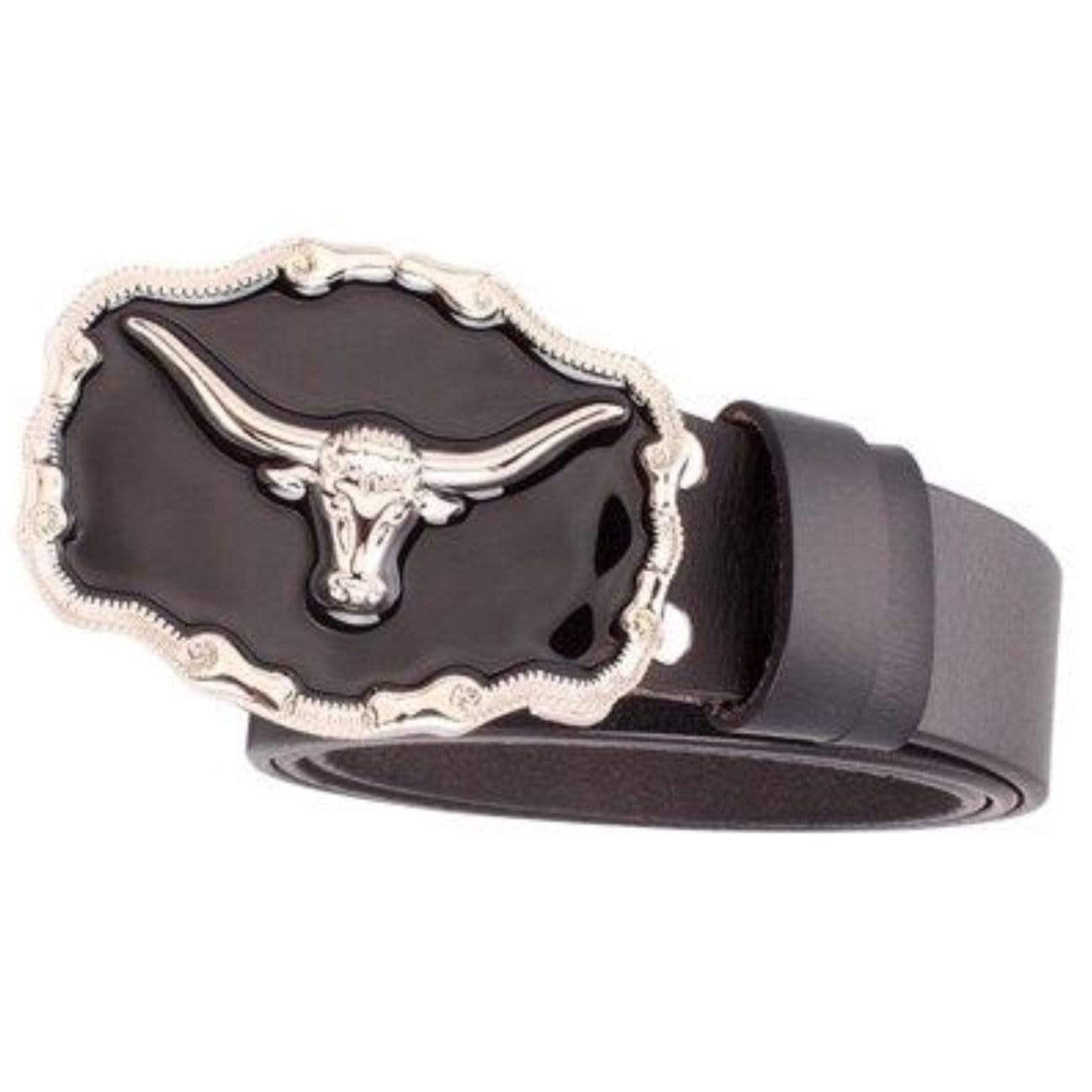 Black belt with a silver steer buckle.
