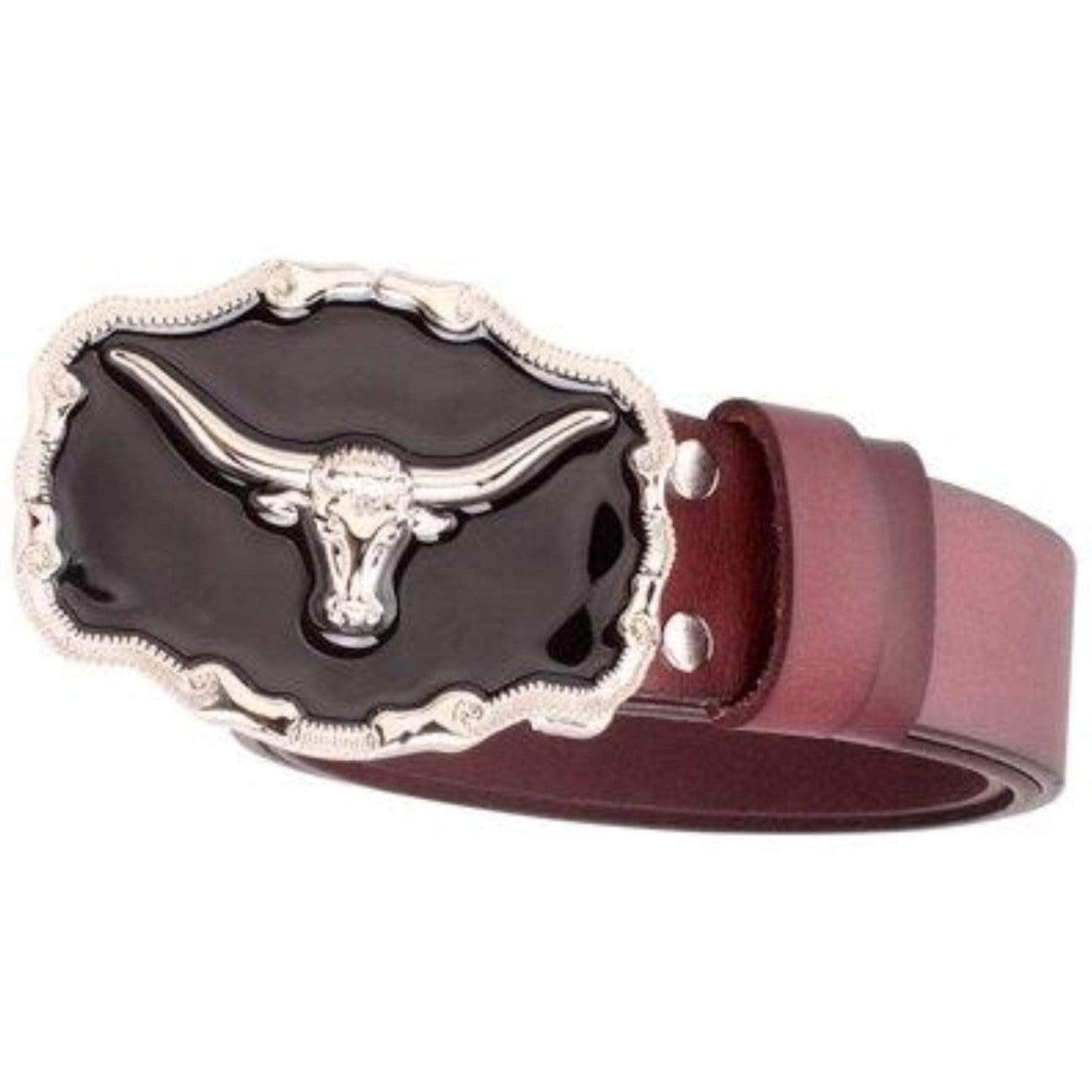 Brown leather belt with silver bull buckle.