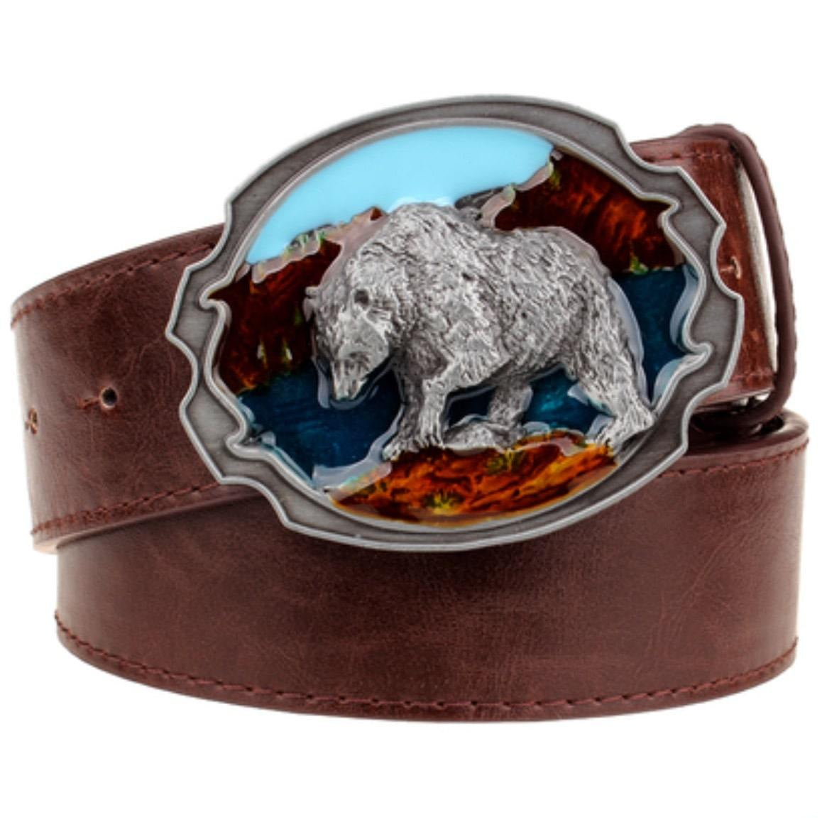 Brown leather belt with a bear buckle.
