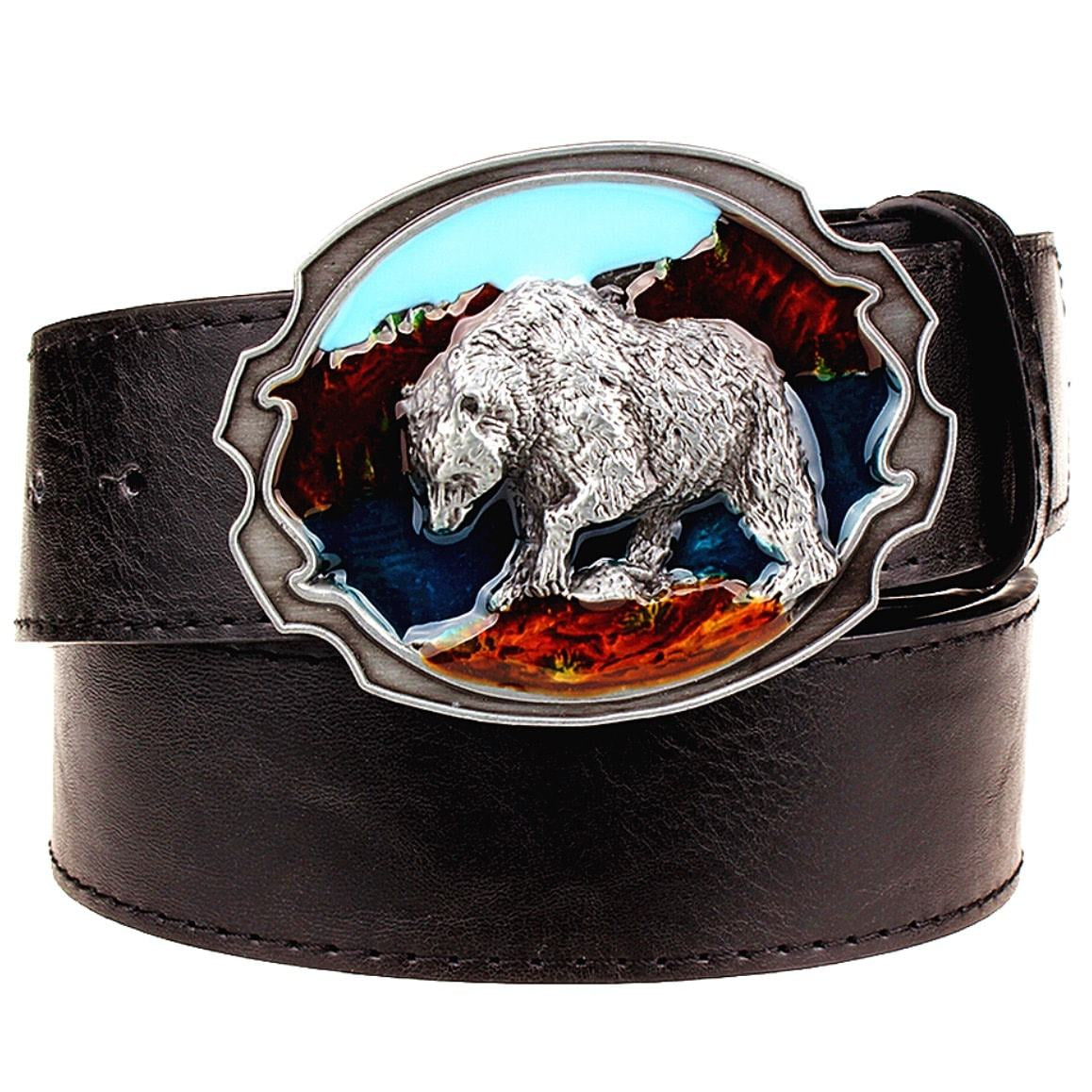 Black leather belt with a large, oval-shaped belt buckle featuring a silver-colored bear against a colorful, detailed landscape background.